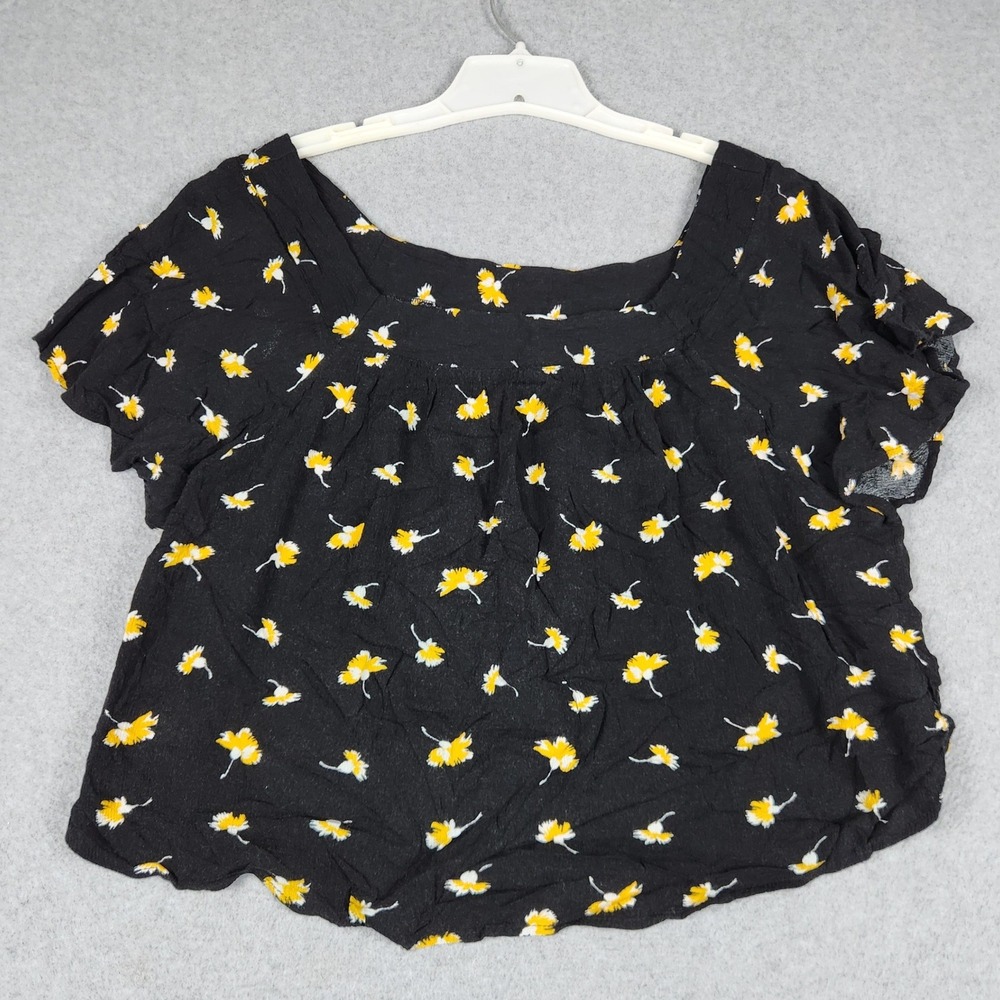 Love Fire Blouse Top Womens XXL Black Yellow Floral Boho Cottagecore Square Neck